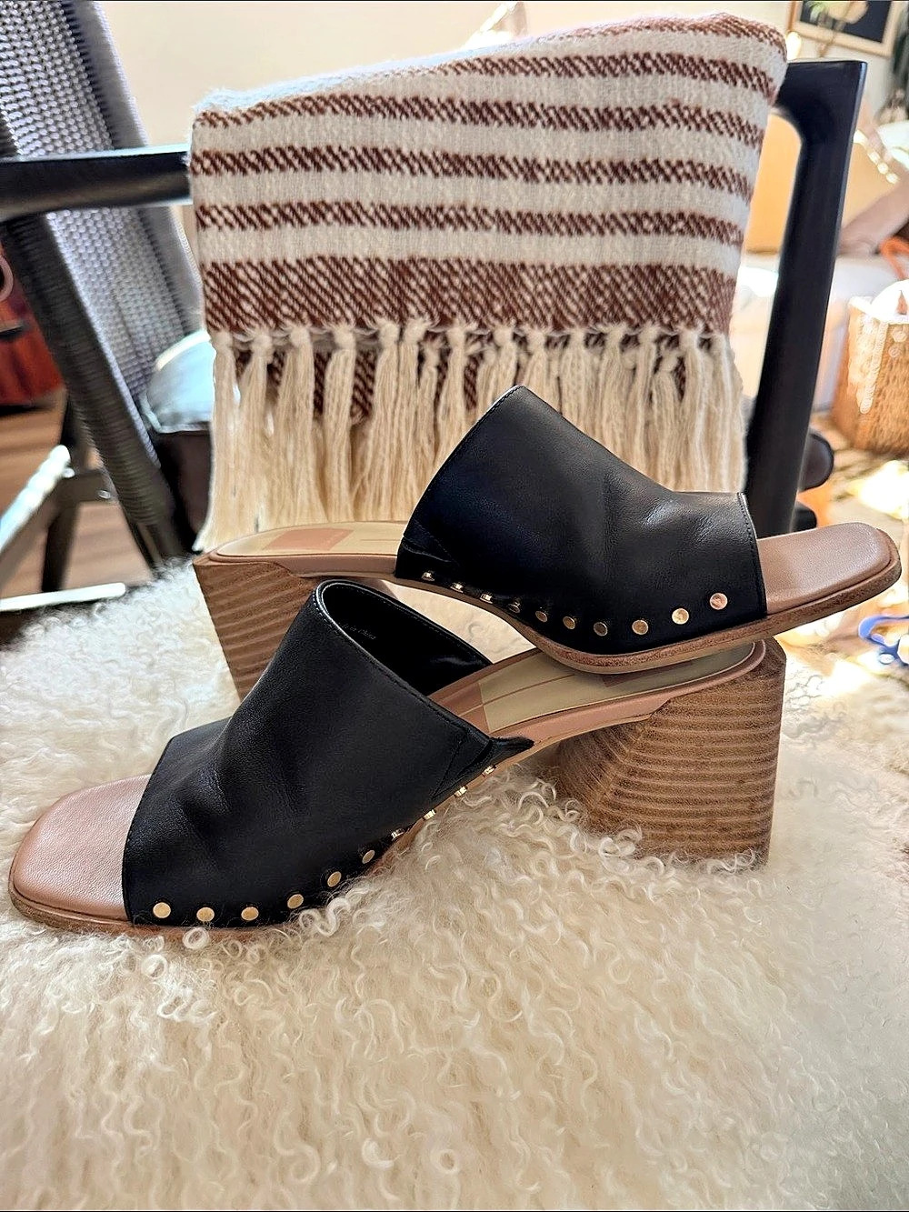 Dolce Vita Black Leather Studded Wood Wedge Mules_Size 10